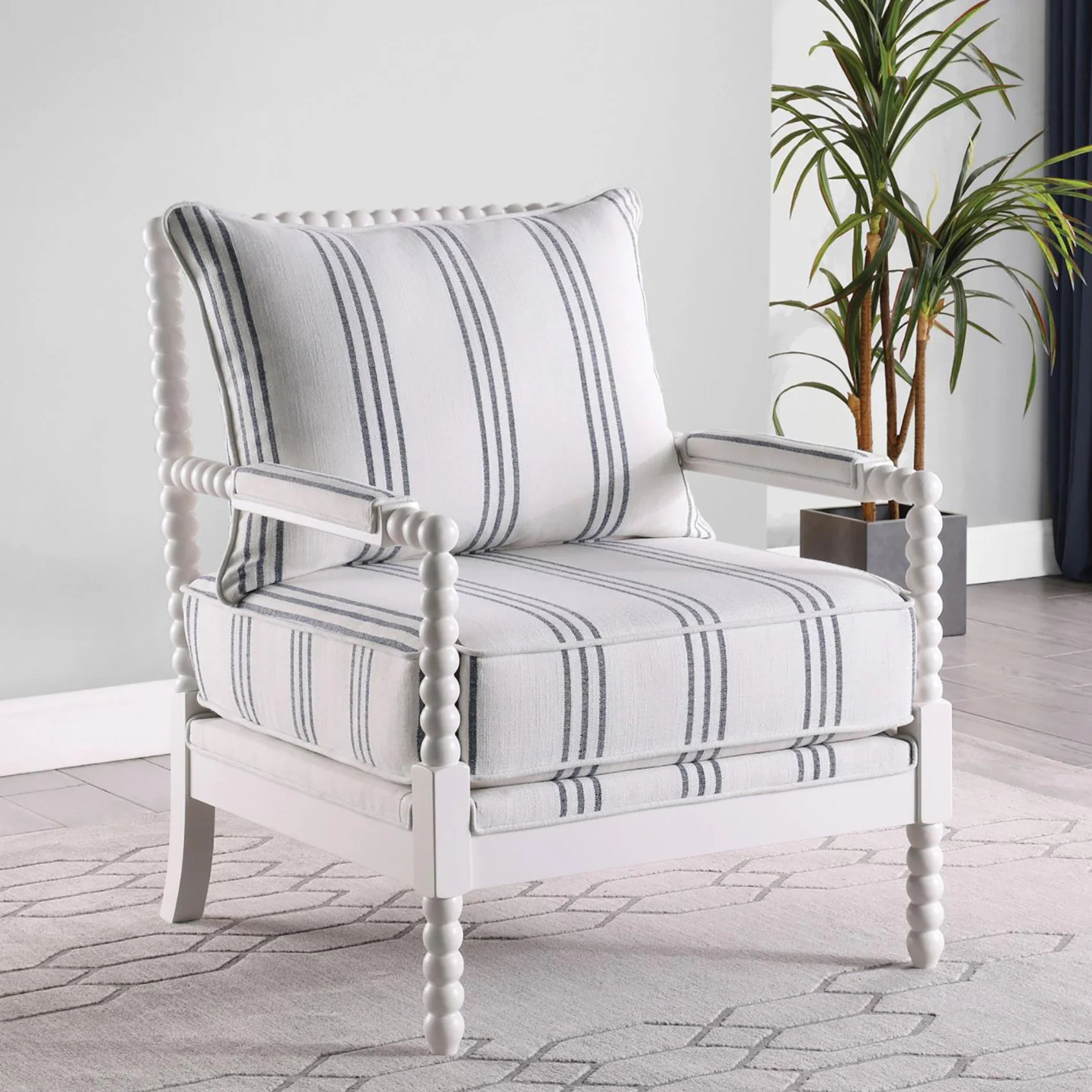 Upholstered Stripe Accent Chair with Stacked-Sphere Spindle Design