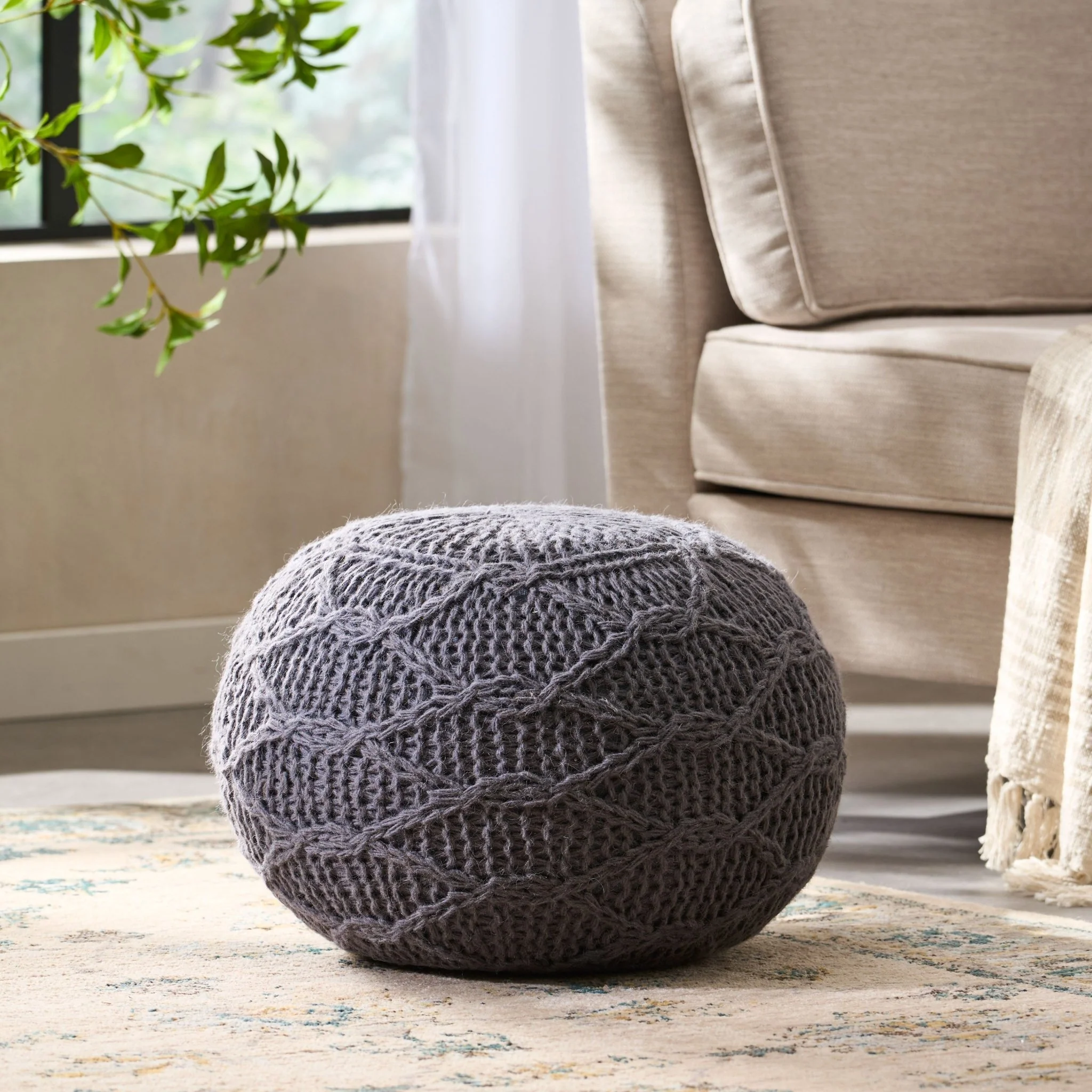 Splendid Round Knitted Wool Pouf