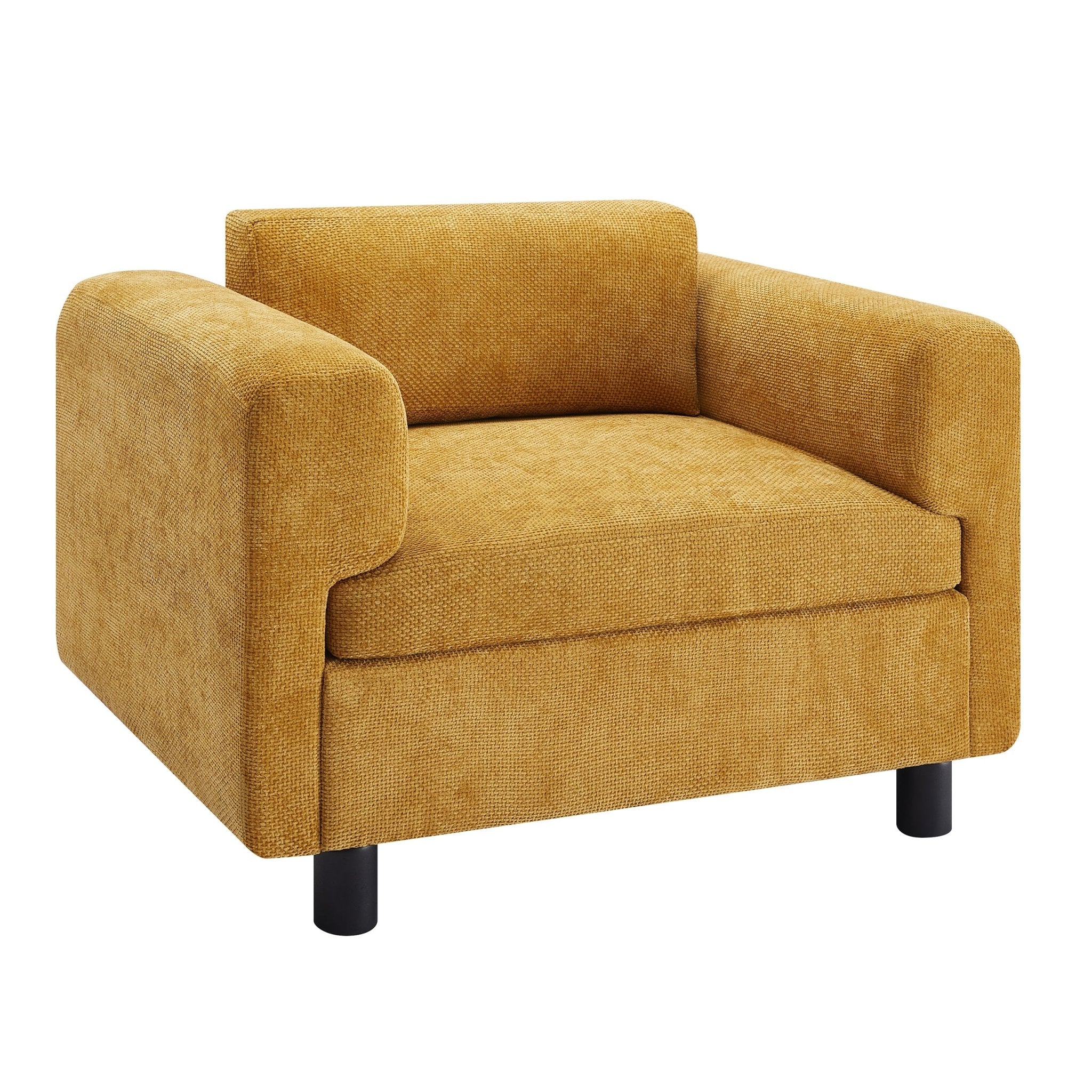 Elixired Upholstered Arm Chair with Tucked Armrests and Round Rubberwood Legs