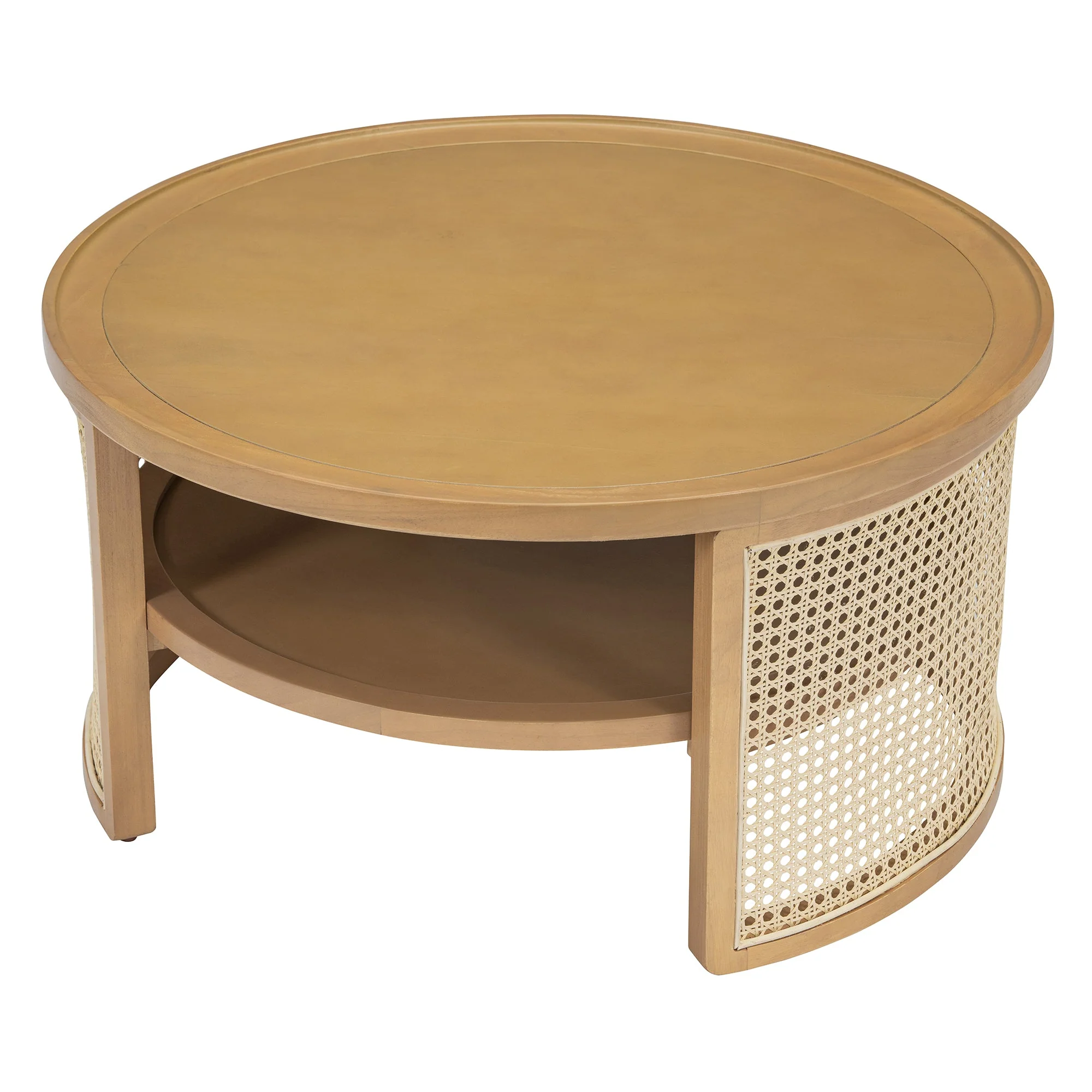 Wintered 2-Tiered Coffee Table with Rattan Base and Curved Edge Design
