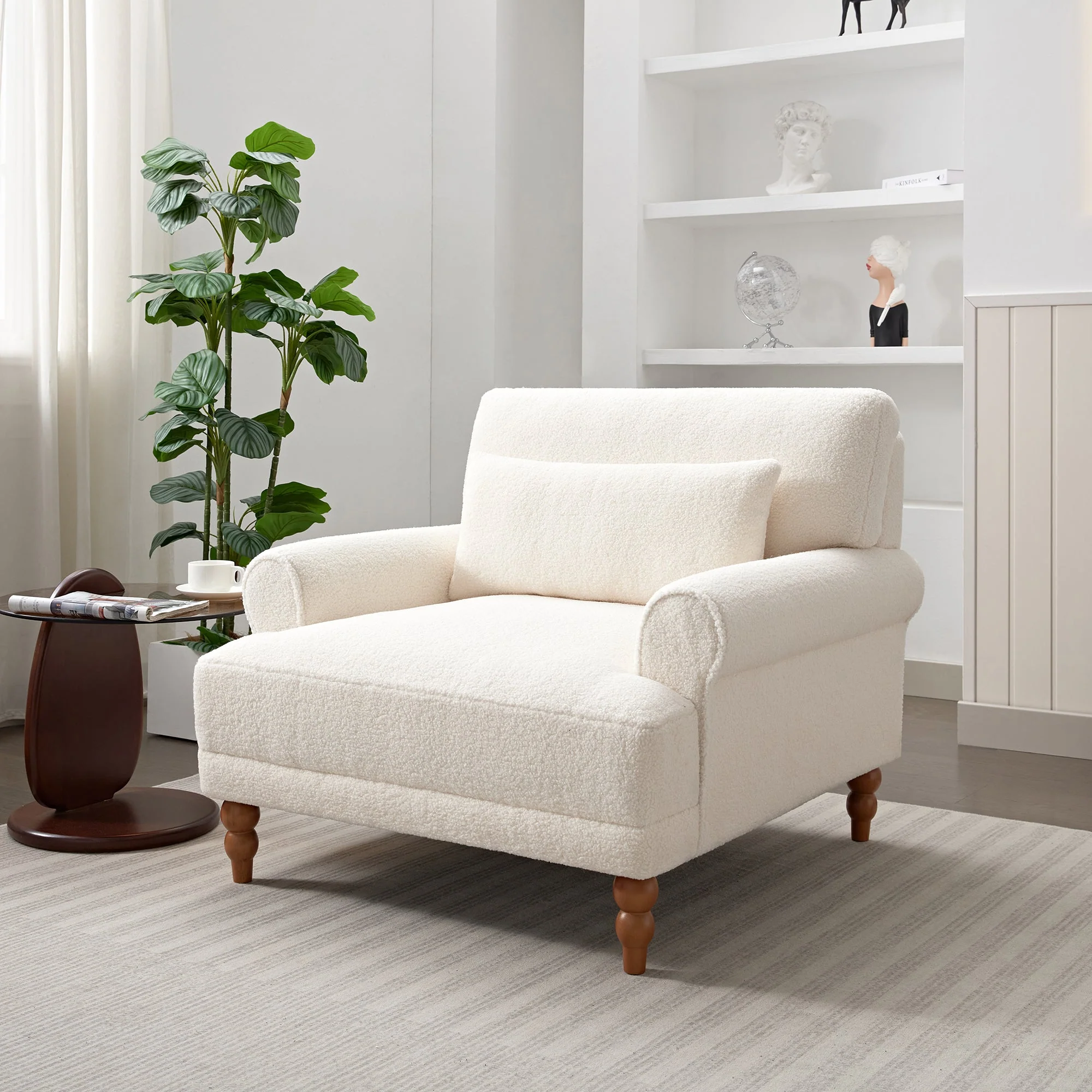 Upholstered Accent Chair with Circular Armrests and Roman Column Legs