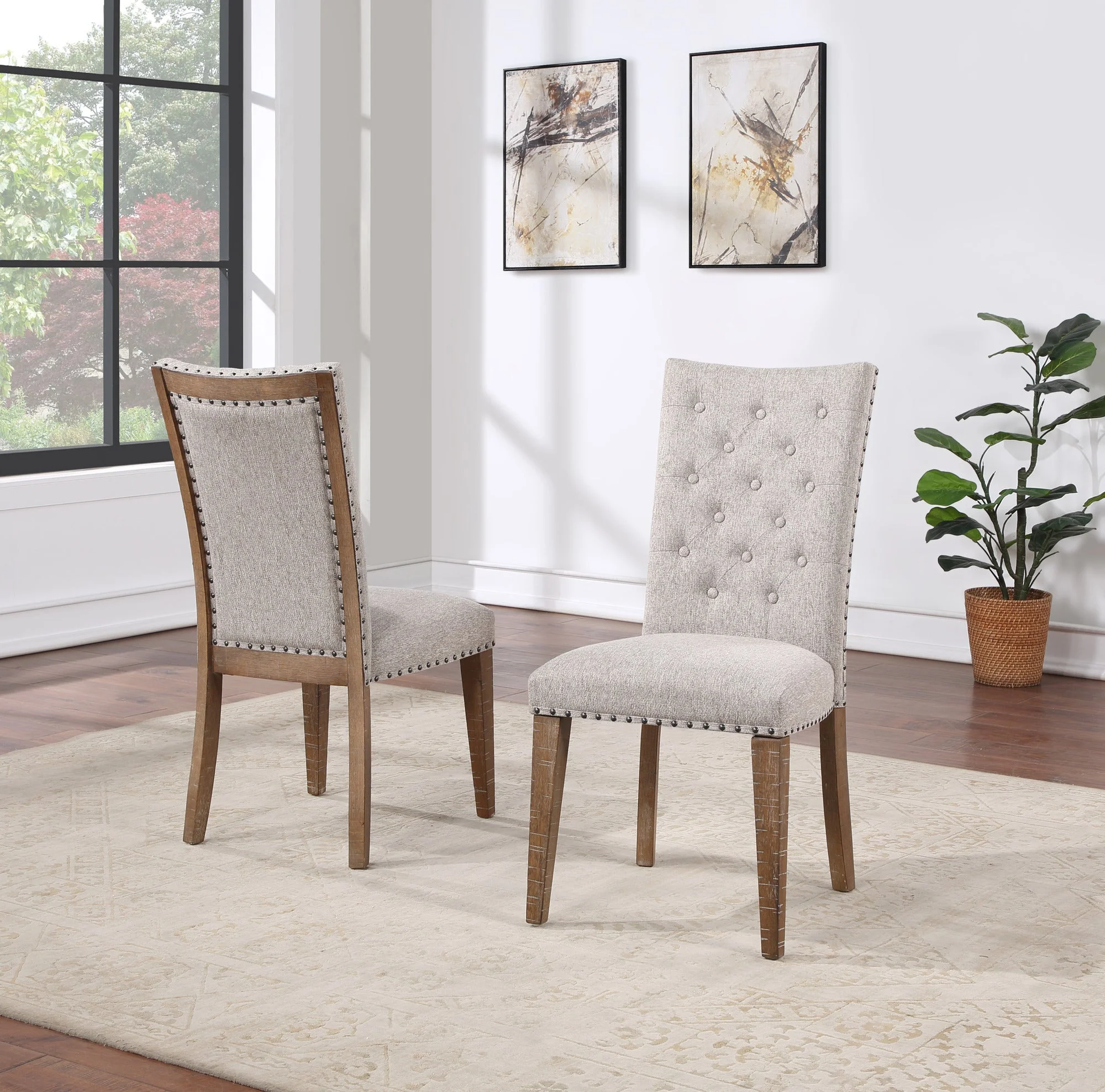 Button Tufted Upholstered Side Chair with Nailhead Trim and Solid Back, Set of 2