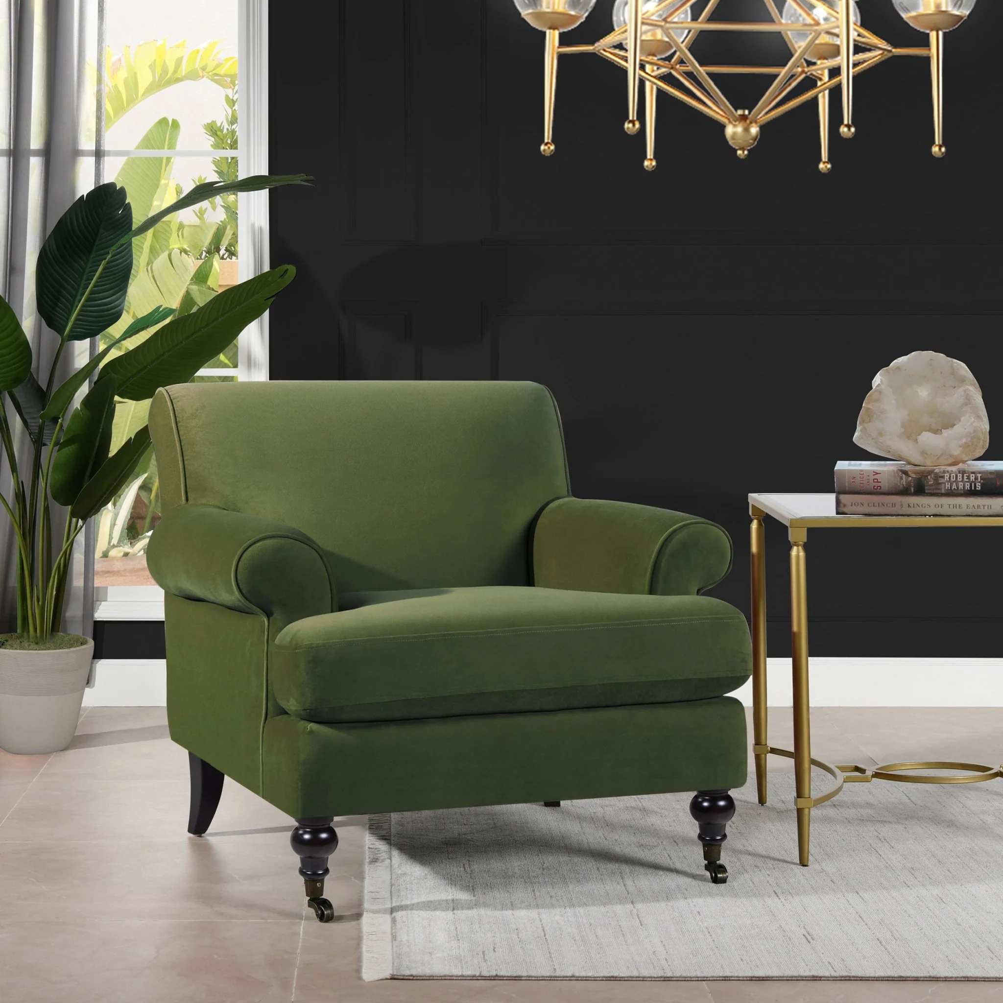 Cobaltex Upholstered Arm Chair with Metal Casters and Rolled Arms
