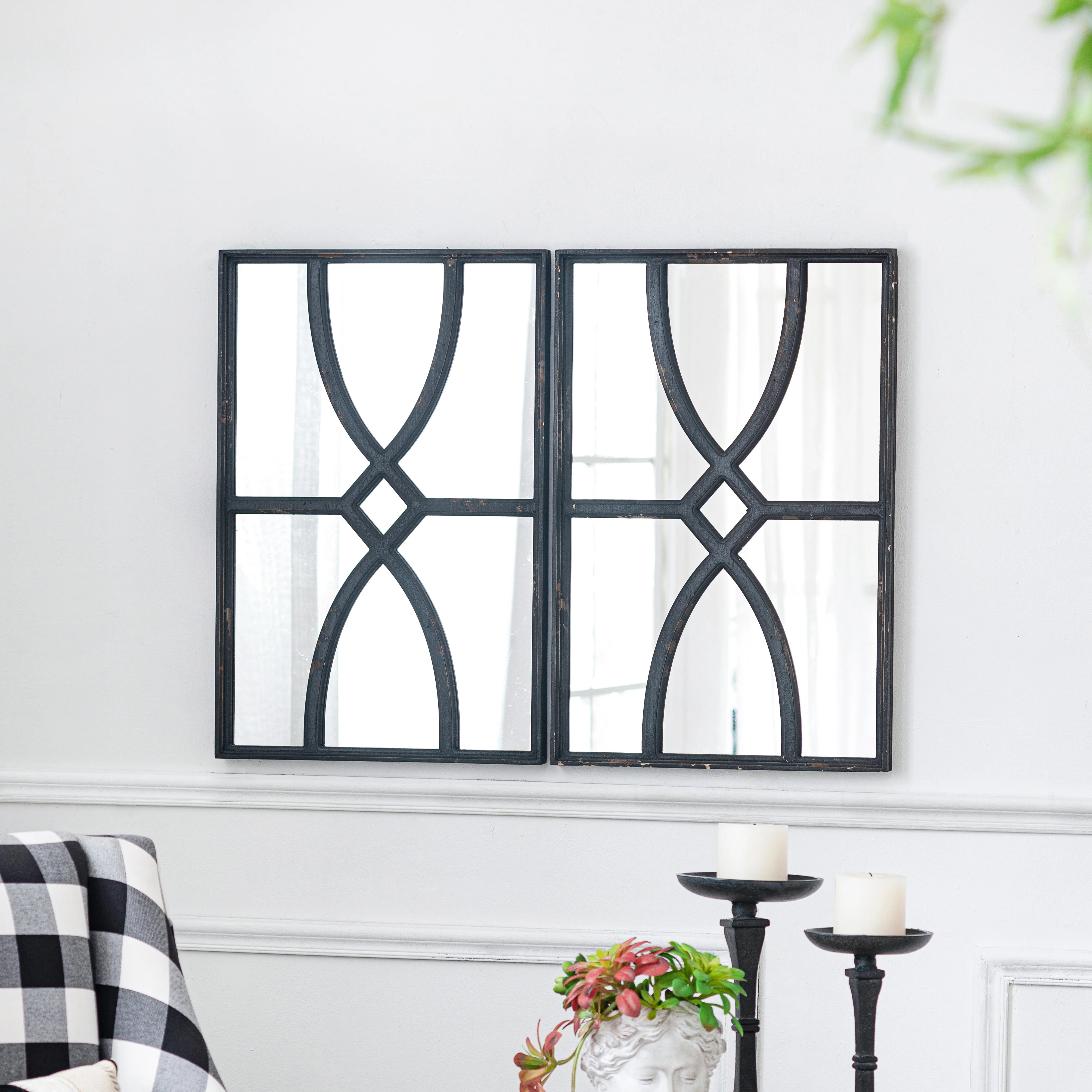 16 x 23 Rectangular Wooden Wall Mirror with Intricate Curved Motifs, Set of 2