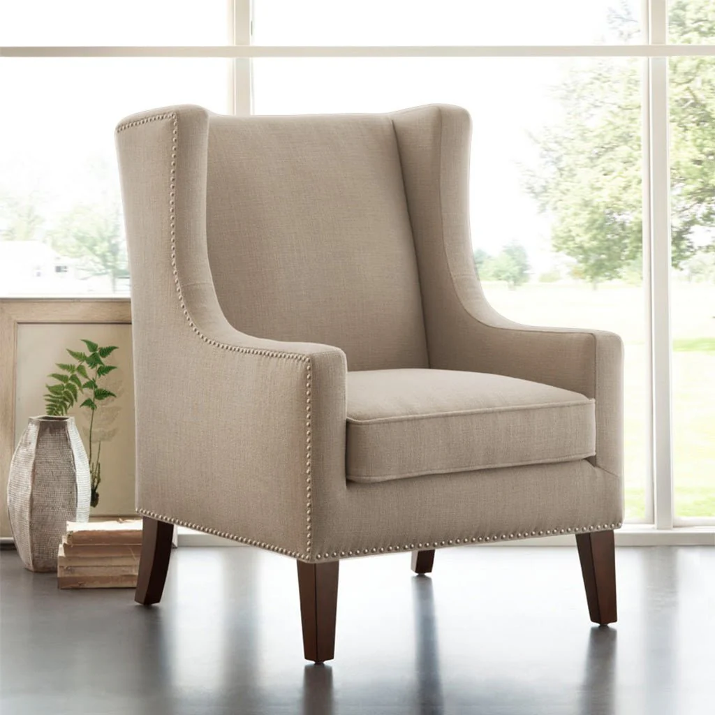 Upholstered Wingback Chair with Nailhead Trim and Removable Cushion