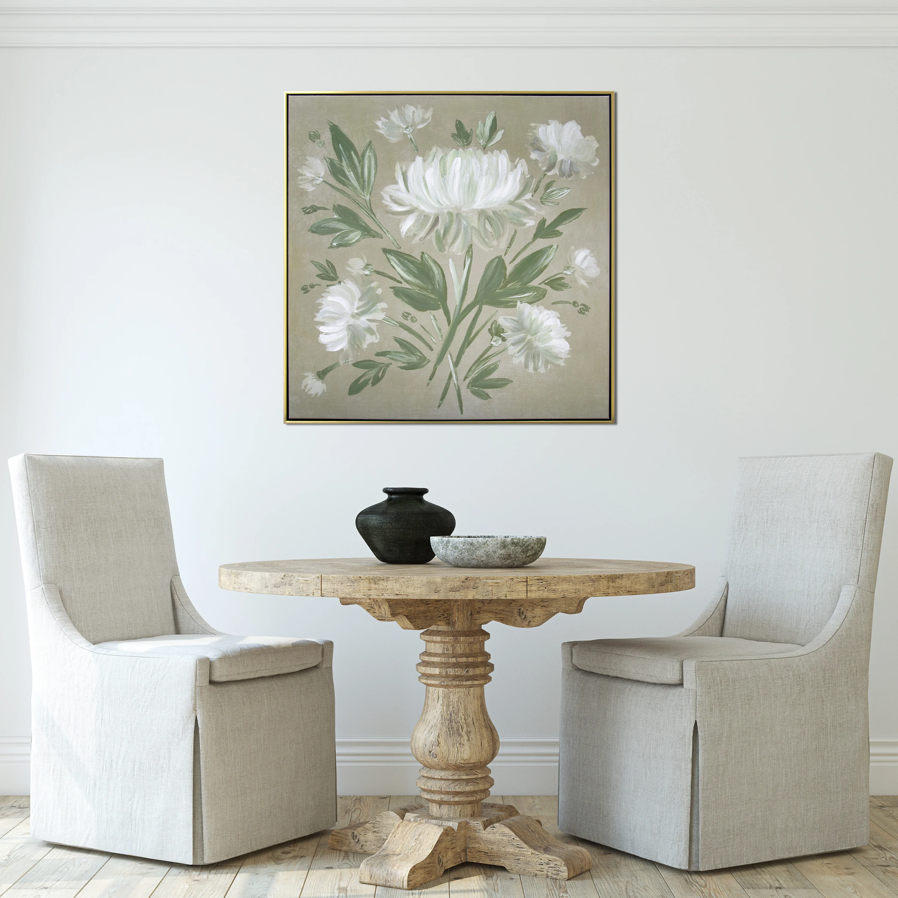 White Flower Bouquet Hand Painted Floating Framed Wall Art Print 30x30 Inches