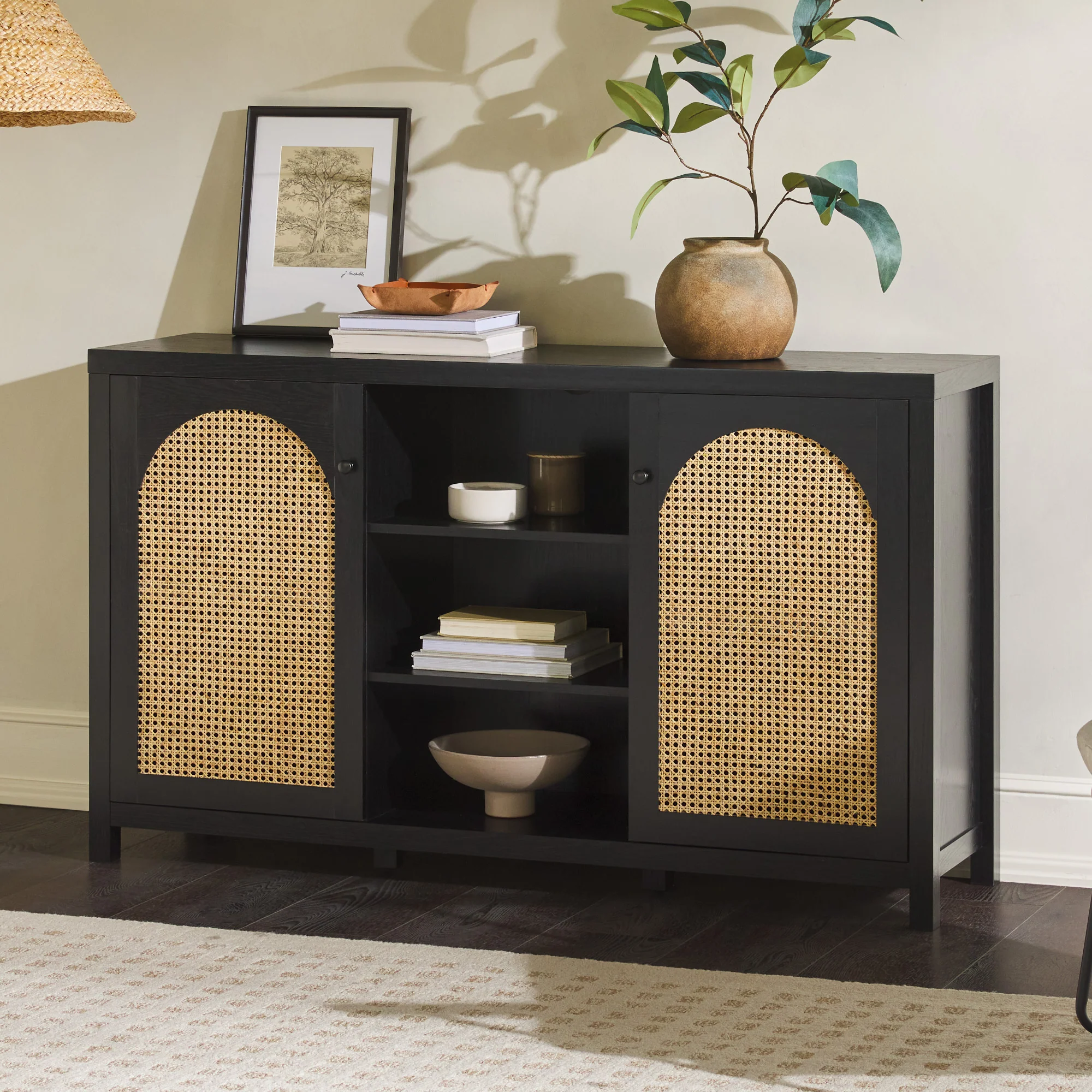 Arched Rattan Paneled Sideboard