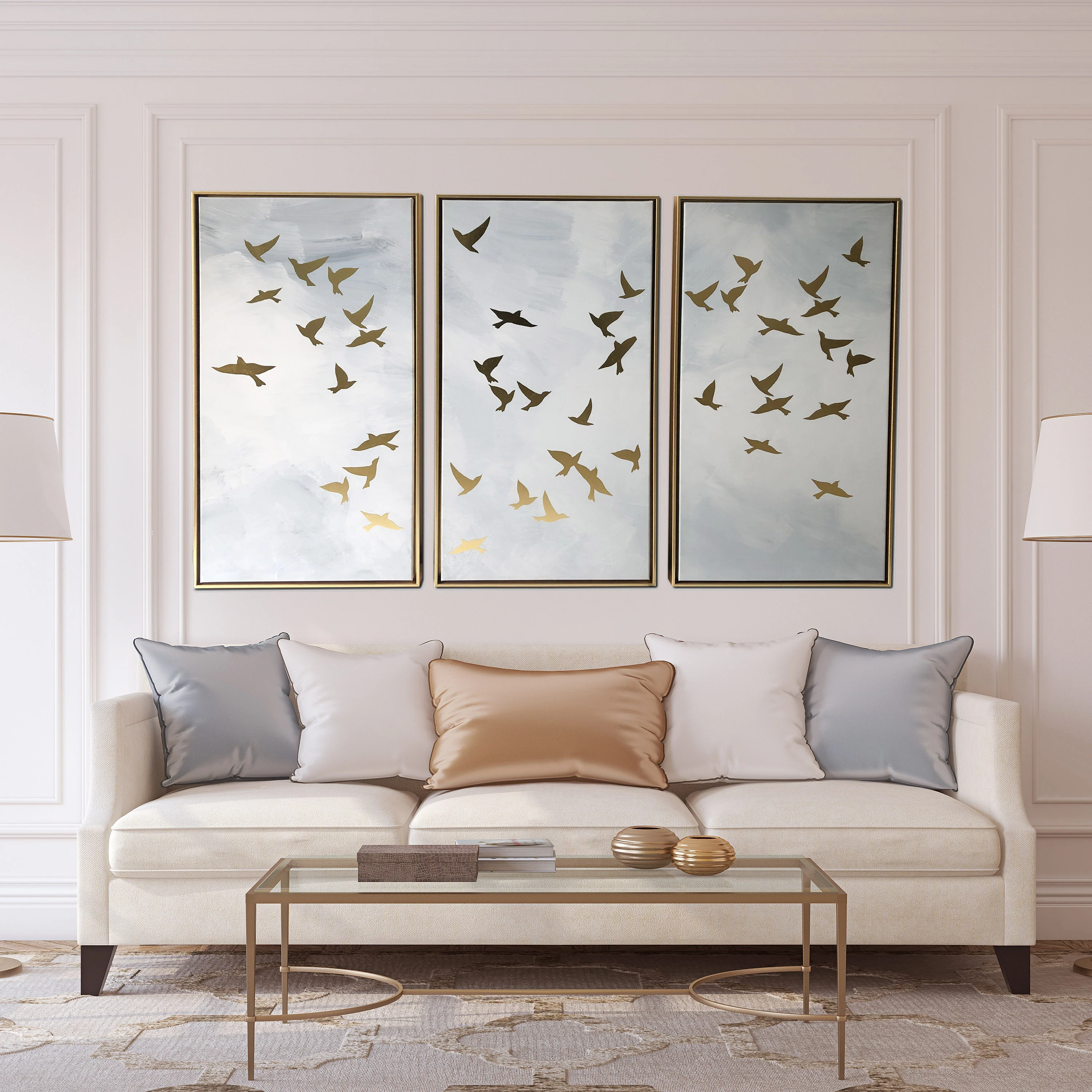 Golden Birds 3-Piece Set Print on Gold Floating Framed Canvas Wall Art, 48x30