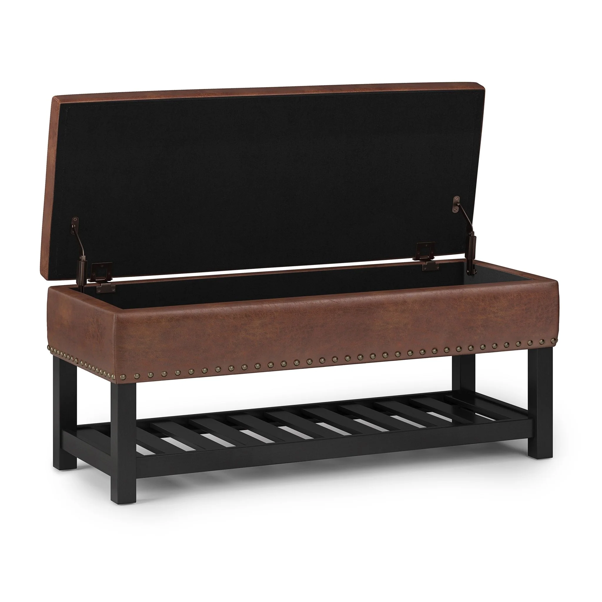 Upholstered Faux Leather Storage Ottoman with Tufted Top, Nailhead Trim and Open Bottom Shelf