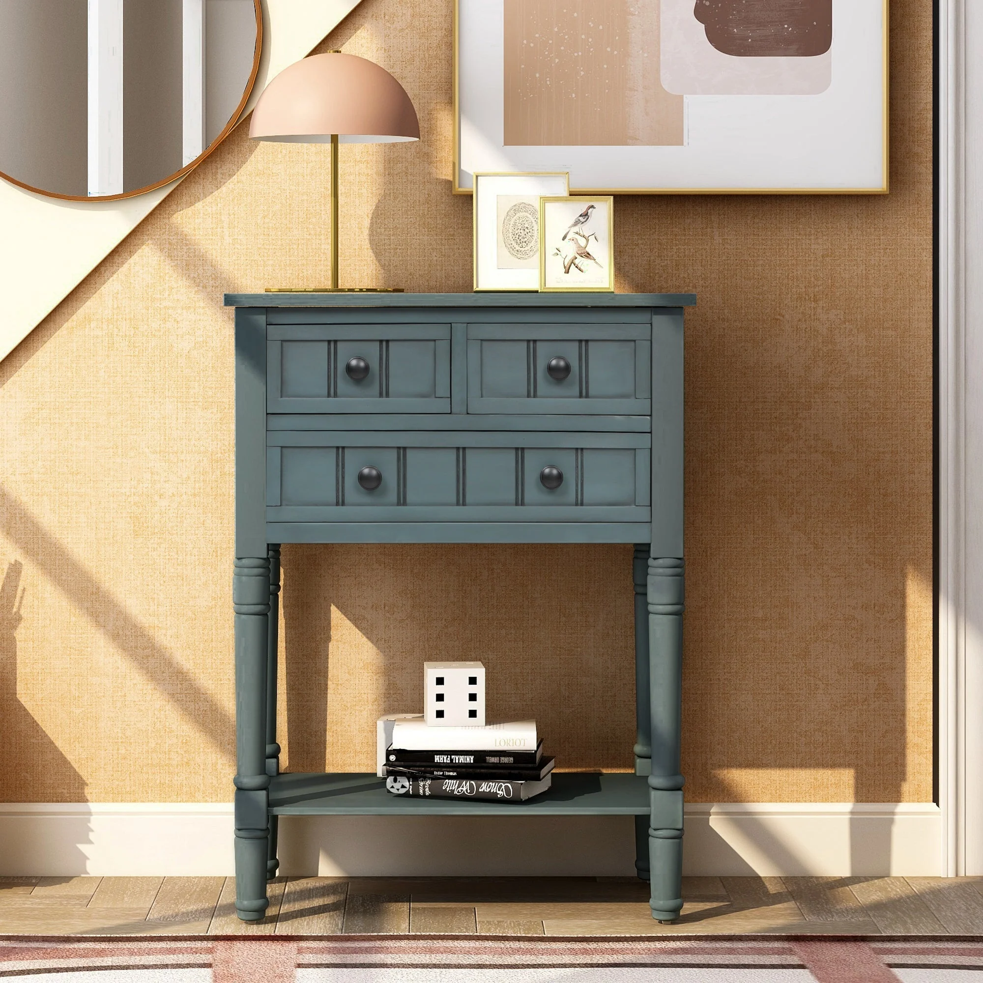 Trexm Navy Narrow Console Table, Slim Sofa Table with 3 Storage Drawers