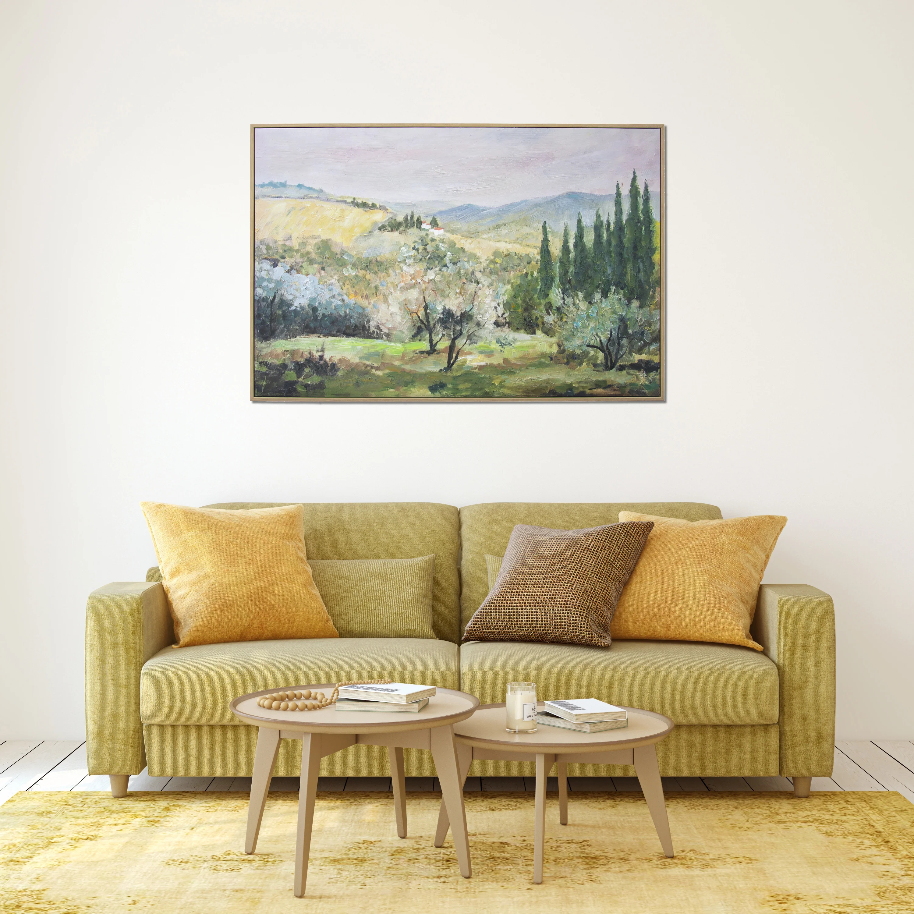 Tuscan Hills Hand Painted Floating Framed Wall Art Print 24x36 Inches