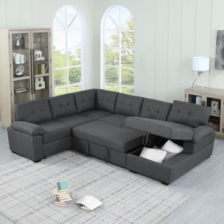 Aine 118" Wide Fabric Sectional Sleeper Sofa (Pull-Out Bed) With Storage Chaise
