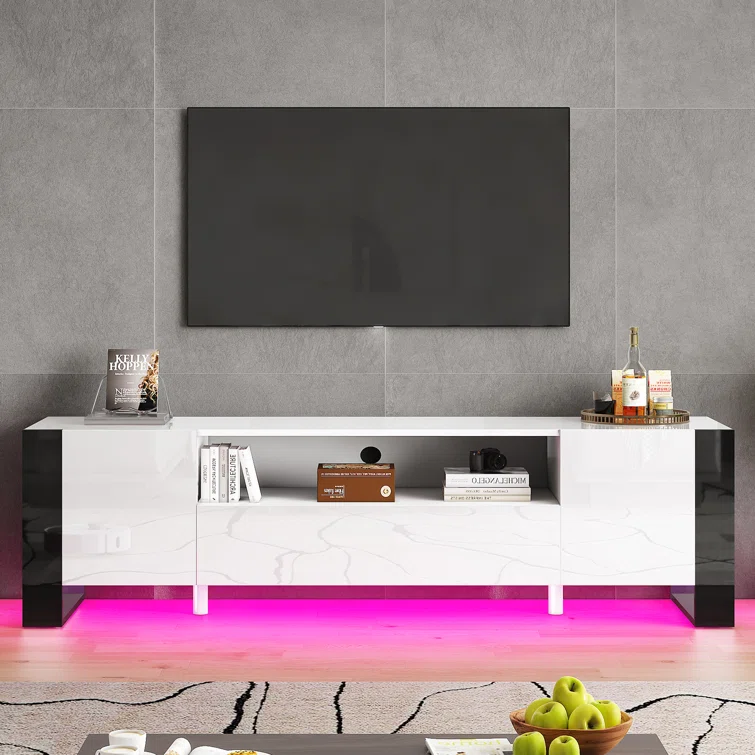 Bhhatu Modern LED TV Stands, 70 Inch TV Console With High Gloss Finish,Entertainment Center With 2 Cabinet Storage Drawer For Living Room, Gaming Room, TV Cabinet For TVs Up To 80