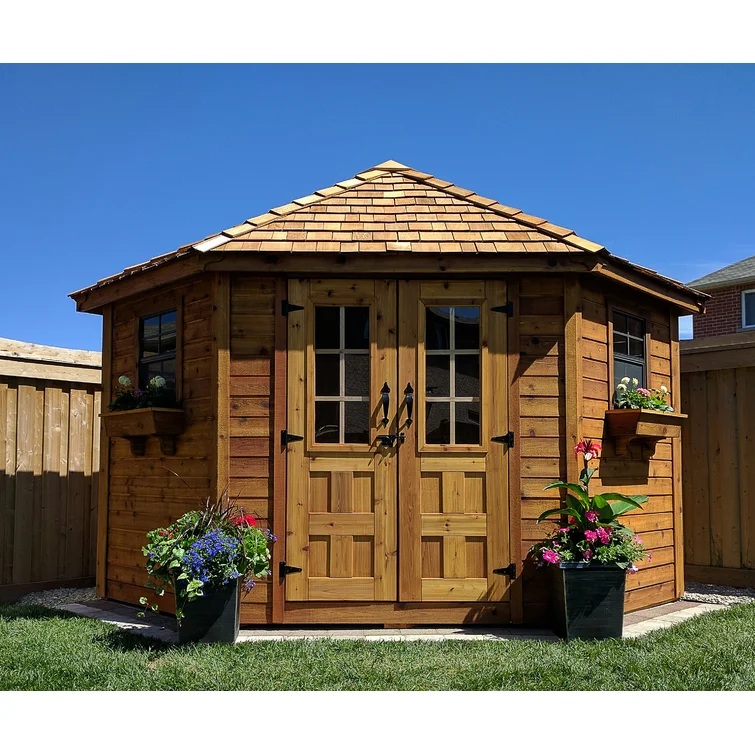 9 ft. W x 9ft. D Penthouse Cedar Wood Garden Shed with French Doors
