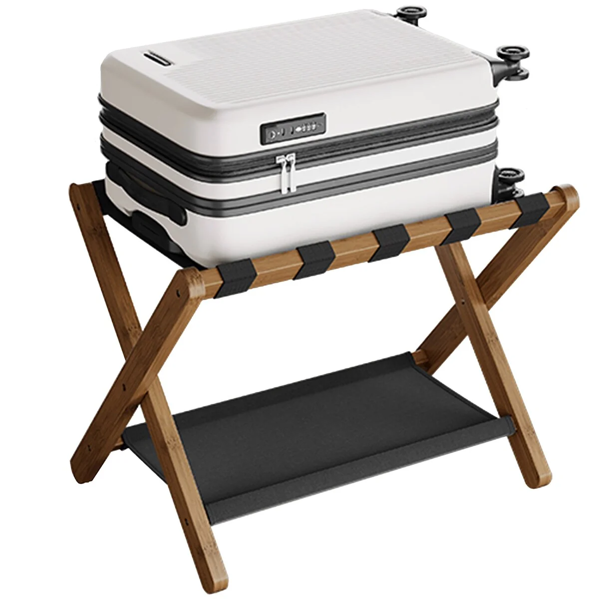 SONGMICS Bamboo Luggage Rack Foldable Suitcase Stand with Fabric Storage Shelf for Guest Room Holds up to 131 lb Walnut Brown