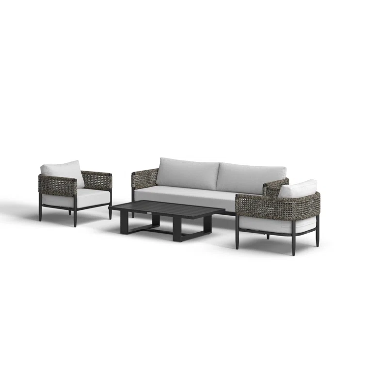 Scotia 4 Piece Outdoor Conversation Set in Black Aluminum and Rope with Light Gray Fabric Cushions