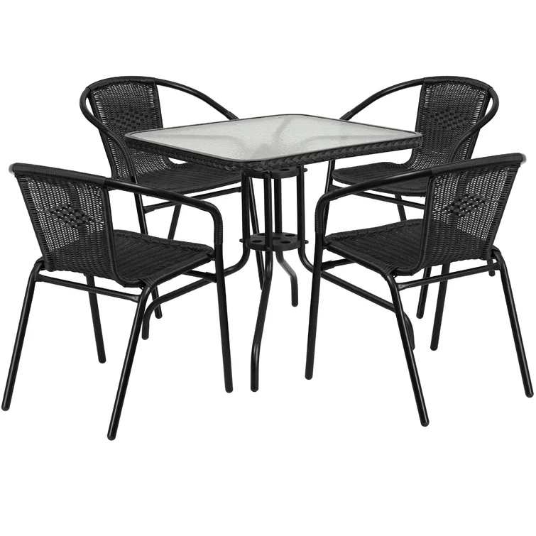Amlie 28'' Square Glass Metal Table with Rattan Edging and 4 Rattan Stack Chairs