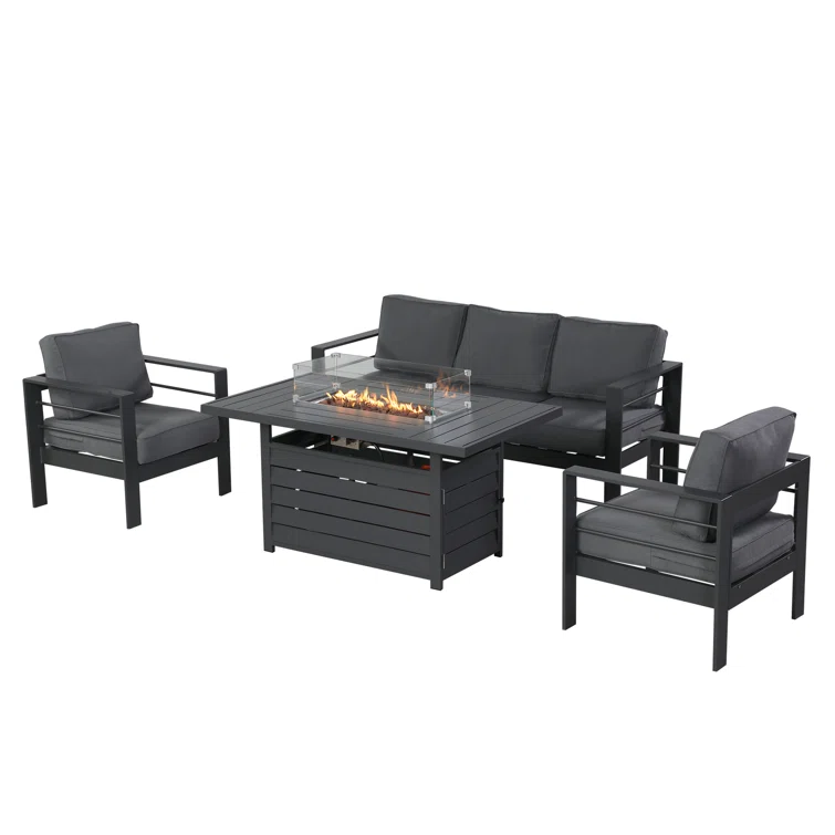 Brandtley 4 Piece Sofa Seating Group with Cushions and Fire Pit Table