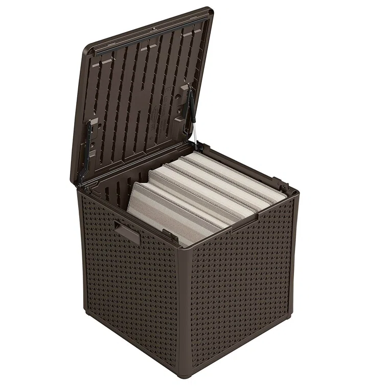 Suncast 60 Gallon Resin Wicker Design Cube Shape Storage Deck Box, Java<!-- --> <!-- -->(Set of 2)