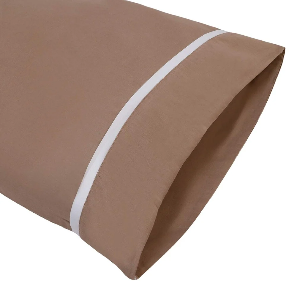 Pillow Case 100% Fine Smooth Long Staple Cotton Sateen 300 TC Sand Brown with White Piping On The Mouth, Set of 2