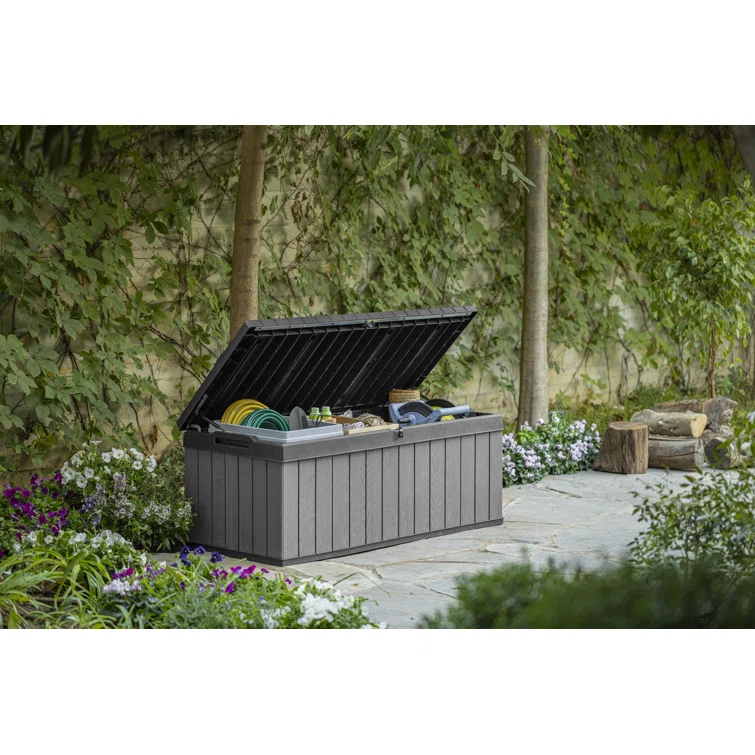 Keter Darwin 100 Gallon Durable Resin Outdoor Storage and Organization Deck Box Ideal For Garden Patio Furniture and Supplies, Graphite