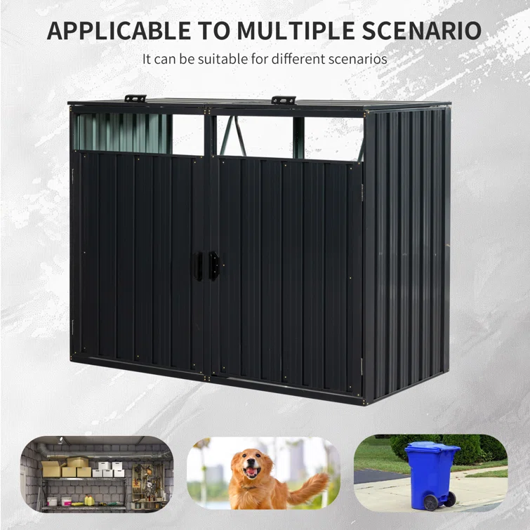 Metal Outdoor Garbage Bin Shed for 2 Trash Cans Black Stainless Galvanized Steel