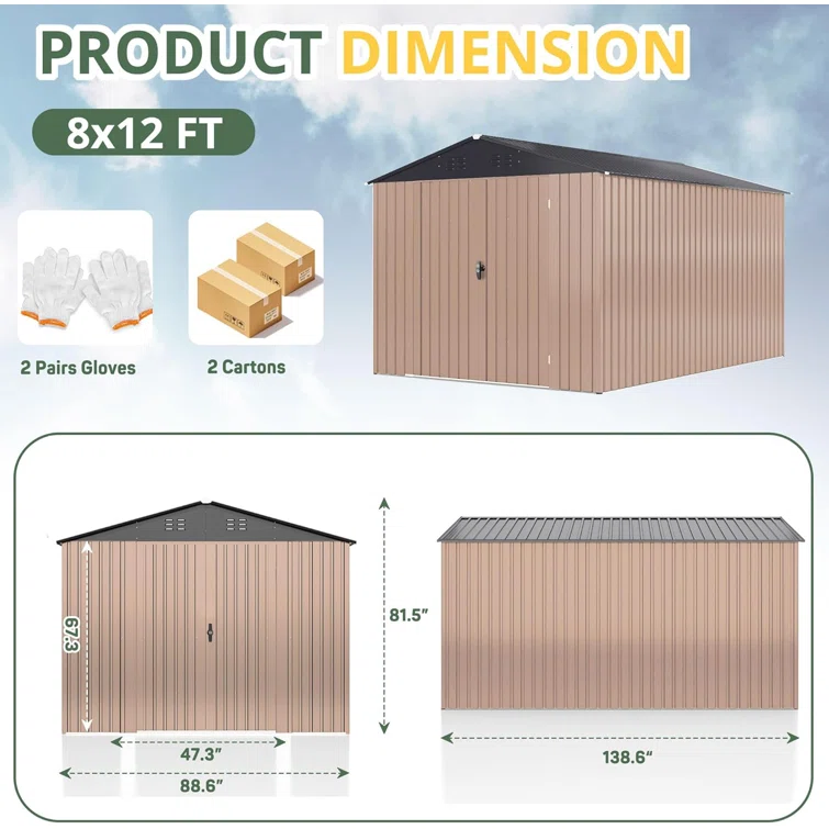 Outdoor Metal Shed Storage with Updated Frame Structure and Lockable Doors