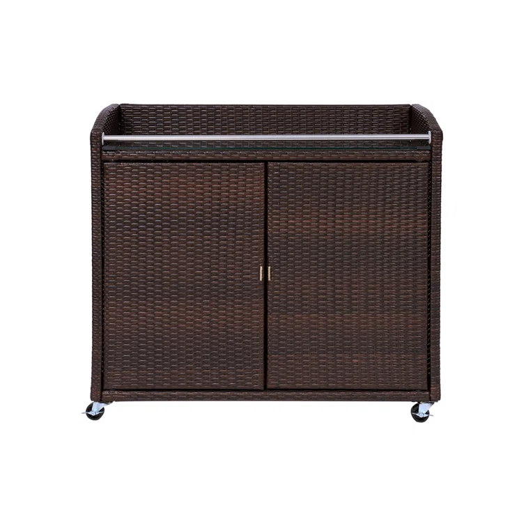 39.5" Outdoor Portable PE Rattan Serving Bar Cart with Wheels