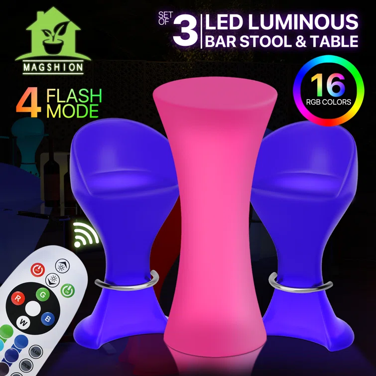 3 Piece 2 - Person LED Light Up Bar Stool and Table Modern Design Set