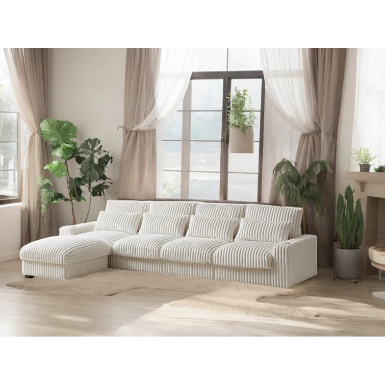 L-shaped Corduroy Sofa With USB Port, T-pyce Port, Movable Footrest, Cup Holder, And Cushions