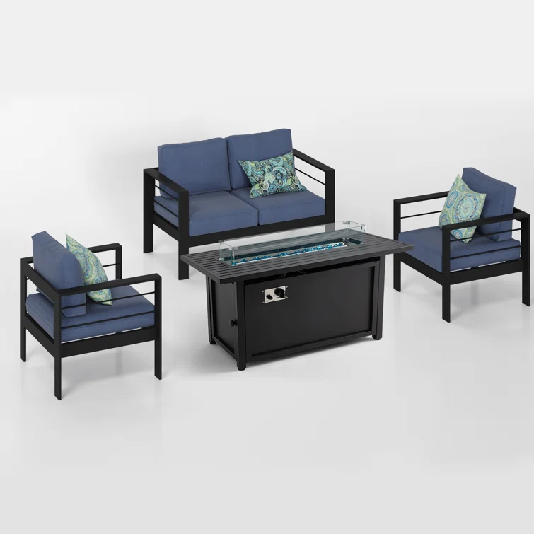 4 - Person Sofa Seating Group With  Cushions and Fire Pit Table