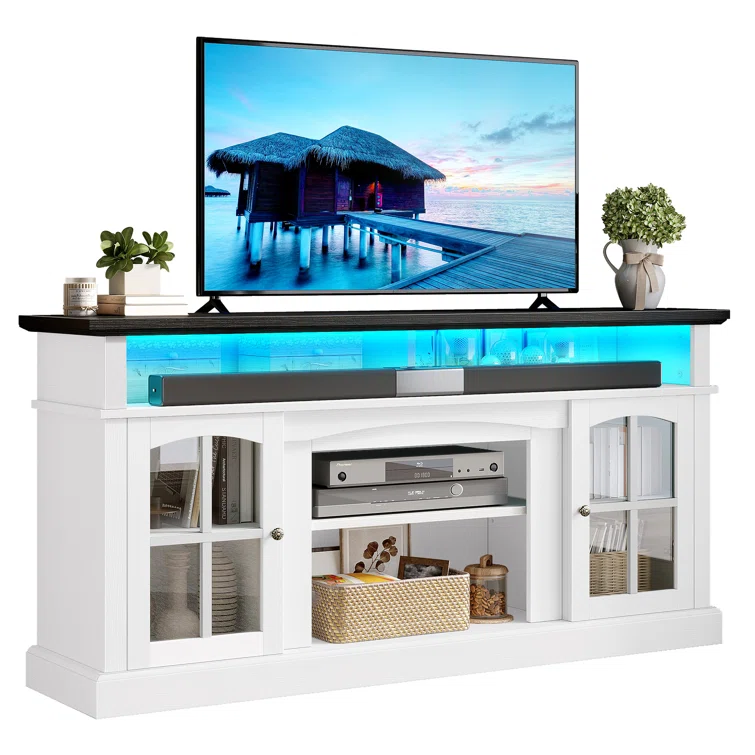 LED Farmhouse Media Entertainment Center Console Table TV Stand  w/Outlets  and Cabinet Glass Door