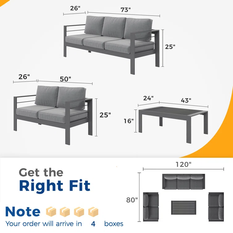 4-Piece  Aluminum Patio Conversation Set With Cushions