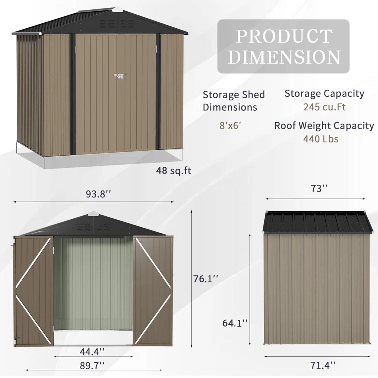 Outdoor 8 ft. W x 6 ft. D Metal Storage Shed