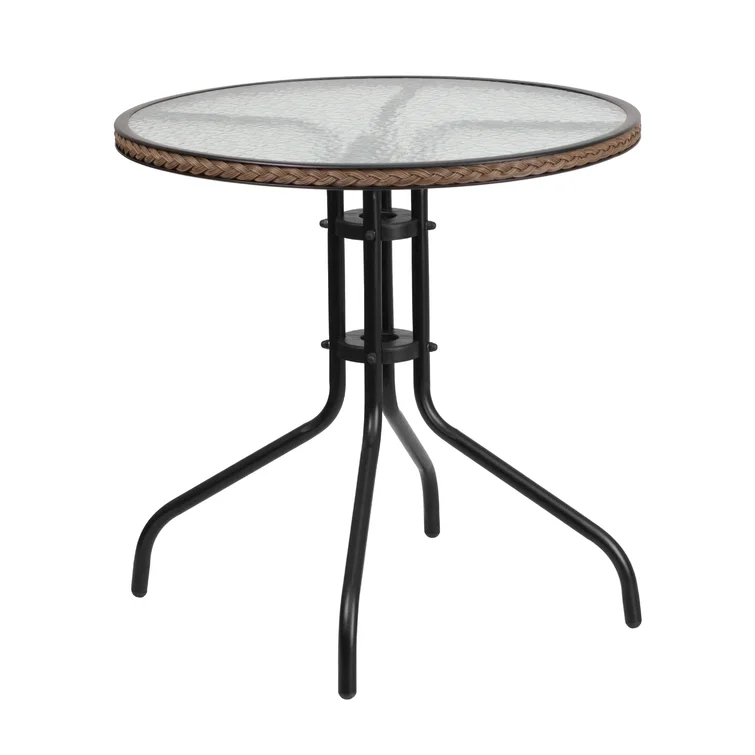 28'' Round Glass Table with Rattan Edging and 4 Rattan Stack Chairs