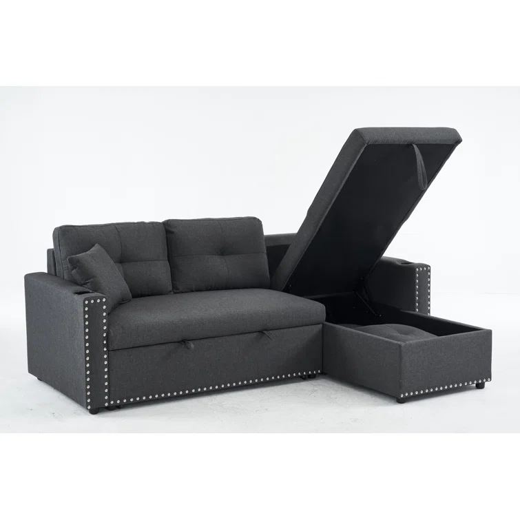Cidalino 83'' Upholstered Sleeper Sofa Chaise with Storage& 2 Cup Holders