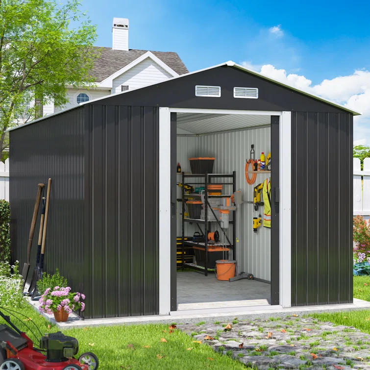8 ft. W x 12 ft. D Metal Storage Shed, Tool Garden Shed, Outdoor Storage House with Lockable Sliding Doors and Vents for Garden, Backyard, or Other Outdoor Use, Charcoal Black