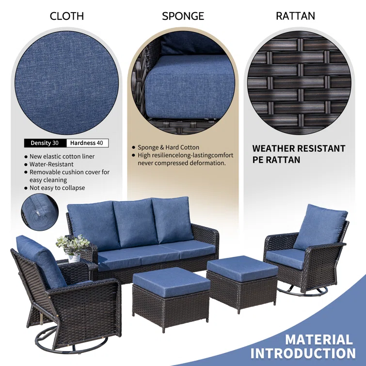 Torgeir 6 Piece Patio Set Rattan Outdoor Furniture Set with Cushions