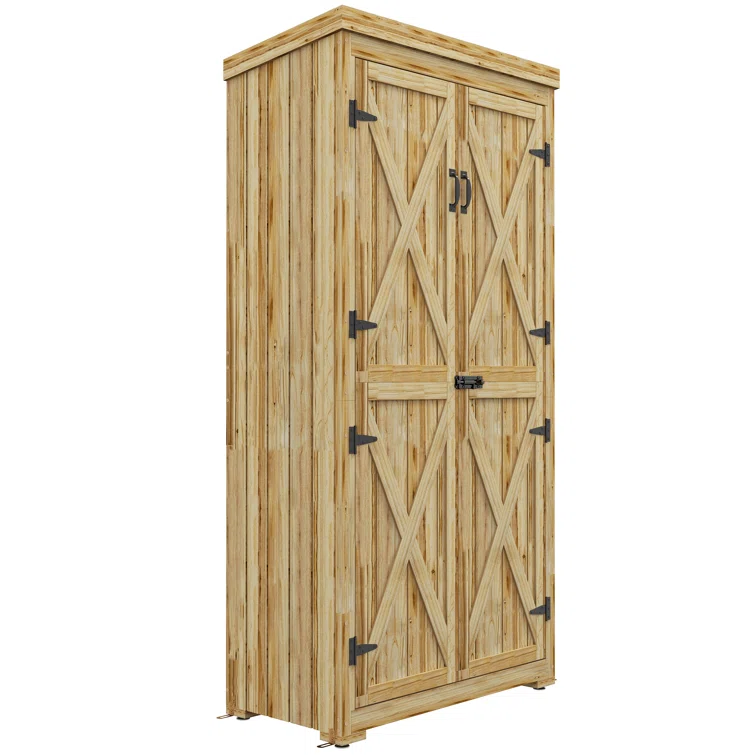 Natural Wooden Garden Storage Cabinet w'Galvanized Metal Roof, 3 Shelves,Lockable Door-Waterproof