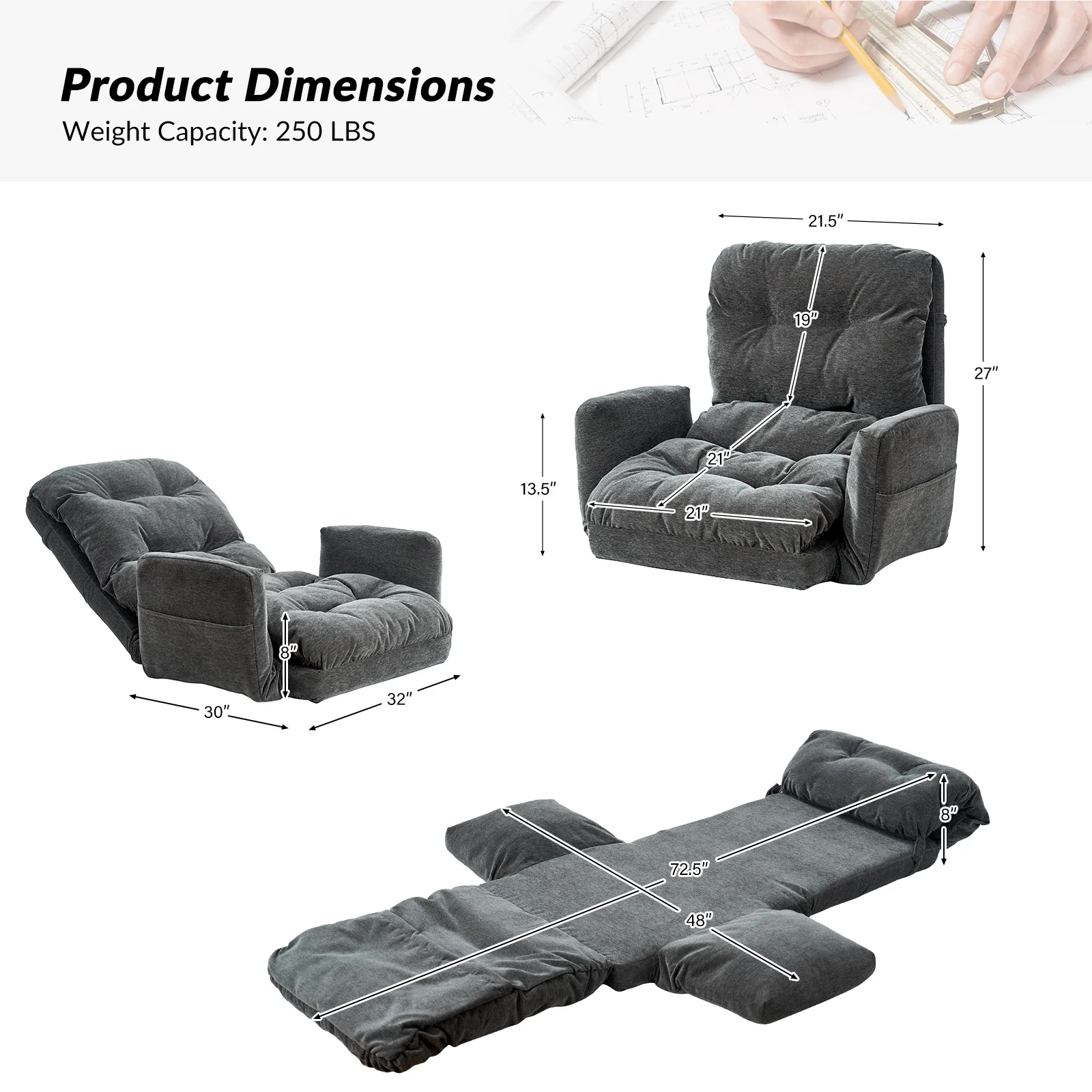 Faustus Reclining Floor Chair with Storage Armrest