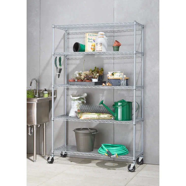 48" W x 18" D x 72" H 5 Tier Outdoor Wire Shelving with Wheels