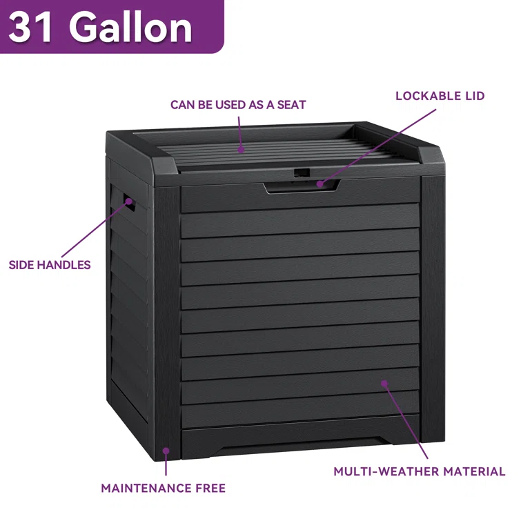 Edrosie Inc Gallon 22'' W 31 Gallons Water Resistant Resin Lockable Deck Box in Black