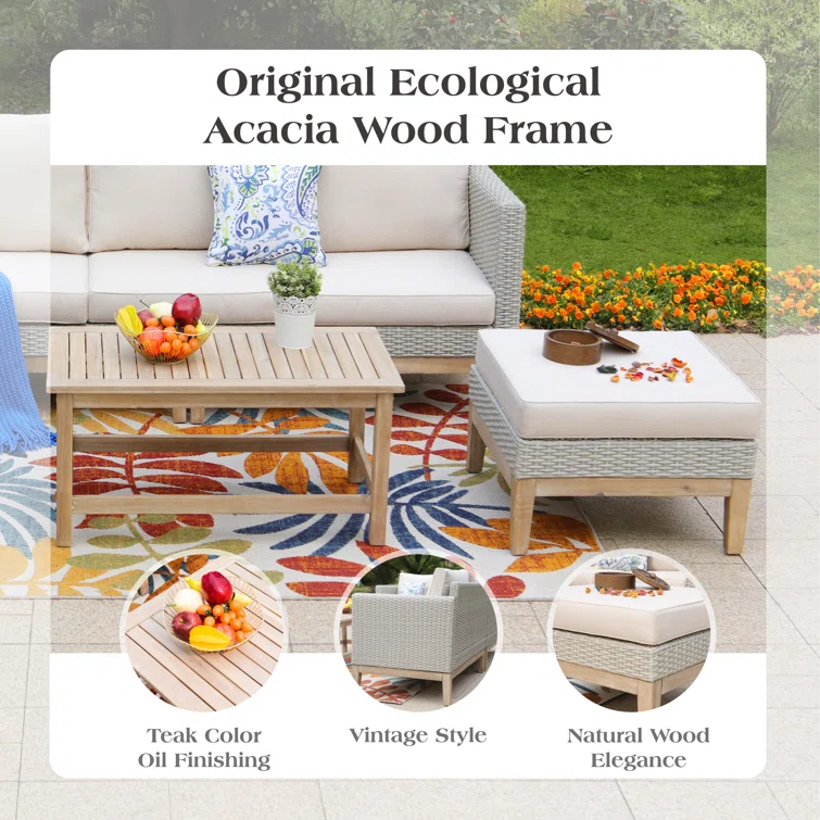Romin 6-Person Outdoor Patio Conversation Furniture Set with Acacia Wood Coffee Table