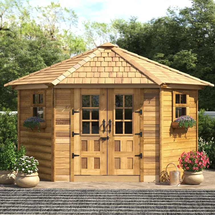 9 ft. W x 9ft. D Penthouse Cedar Wood Garden Shed with French Doors