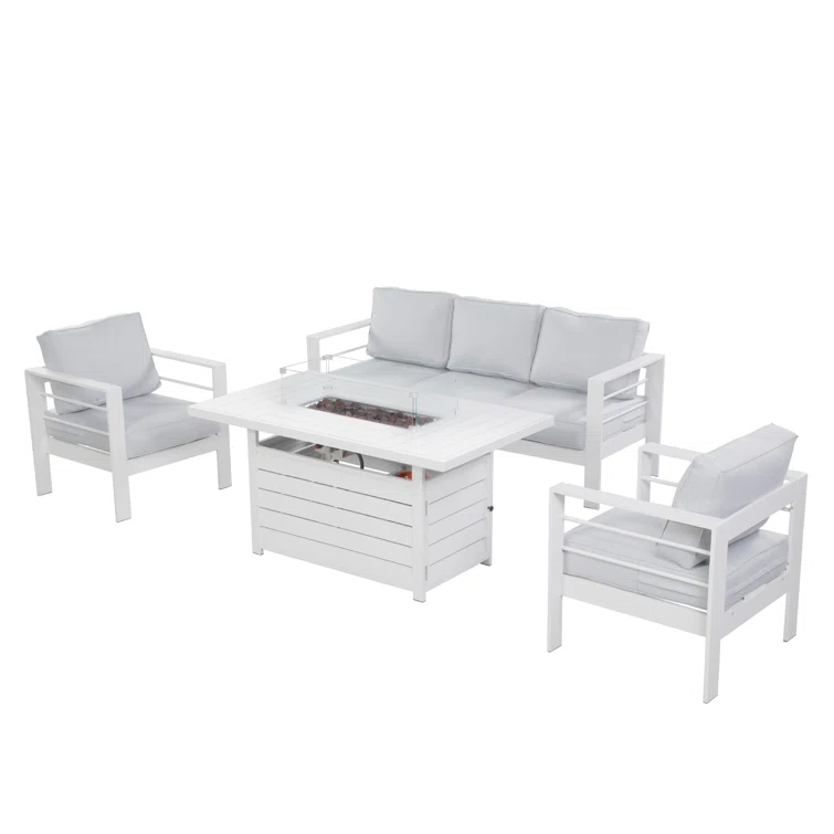 Brandtley 4 Piece Sofa Seating Group with Cushions and Fire Pit Table