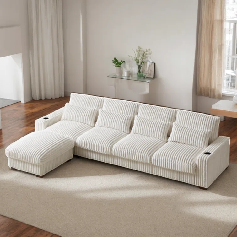 L-shaped Corduroy Sofa With USB Port, T-pyce Port, Movable Footrest, Cup Holder, And Cushions