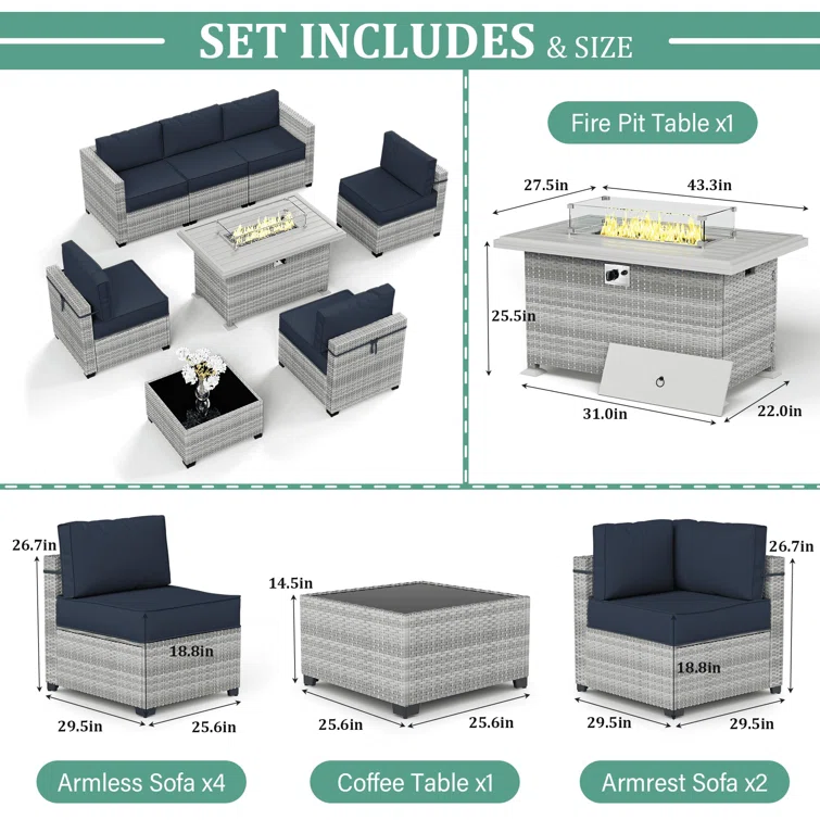 8-Piece Outdoor Patio Conversation Set with Fire Pit Table and 5-inch Thicker Cushions
