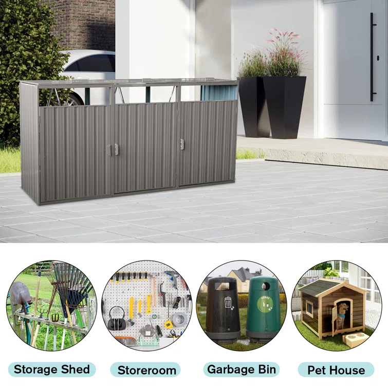 7.87Ft. L X 2.62Ft. W Metal Garbage Bin Shed Stores For 3 Trash Can