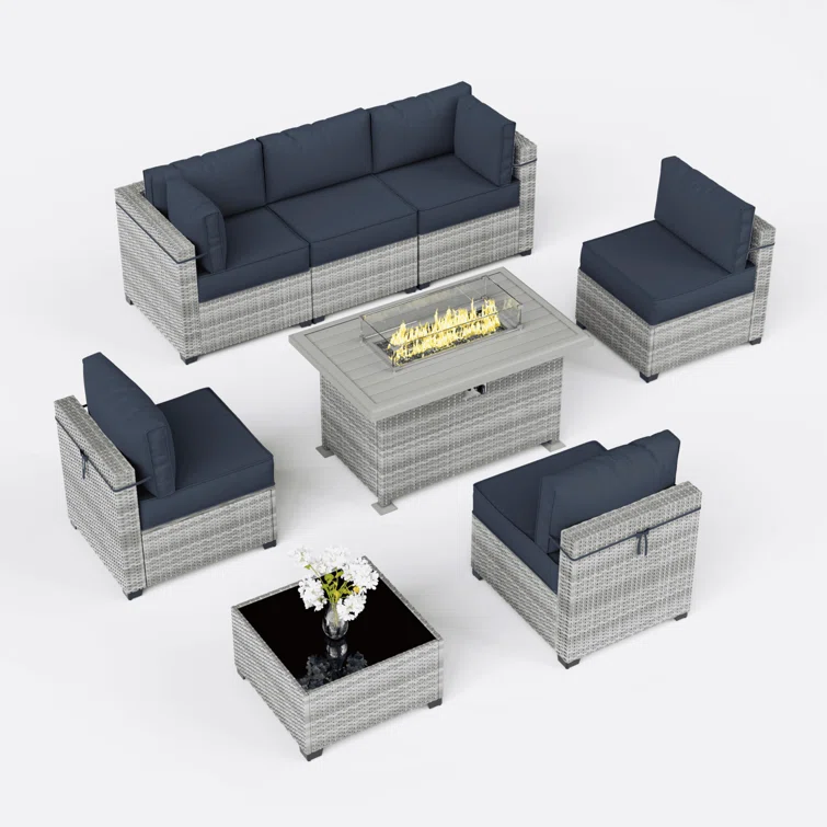 8-Piece Outdoor Patio Conversation Set with Fire Pit Table and 5-inch Thicker Cushions