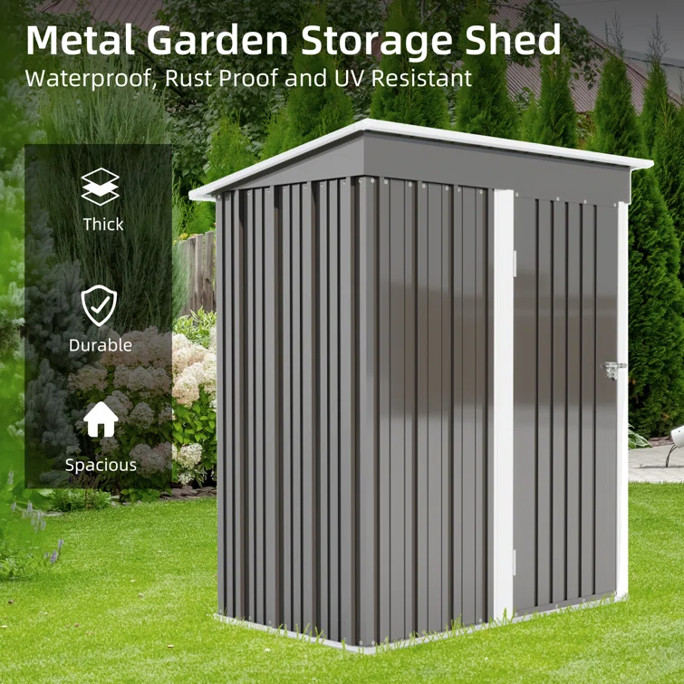 Grey 5 x 3 ft. Outdoor Tool Shed with Lockable Door and Sloping Roof for Patio, Lawn & Garden Storage